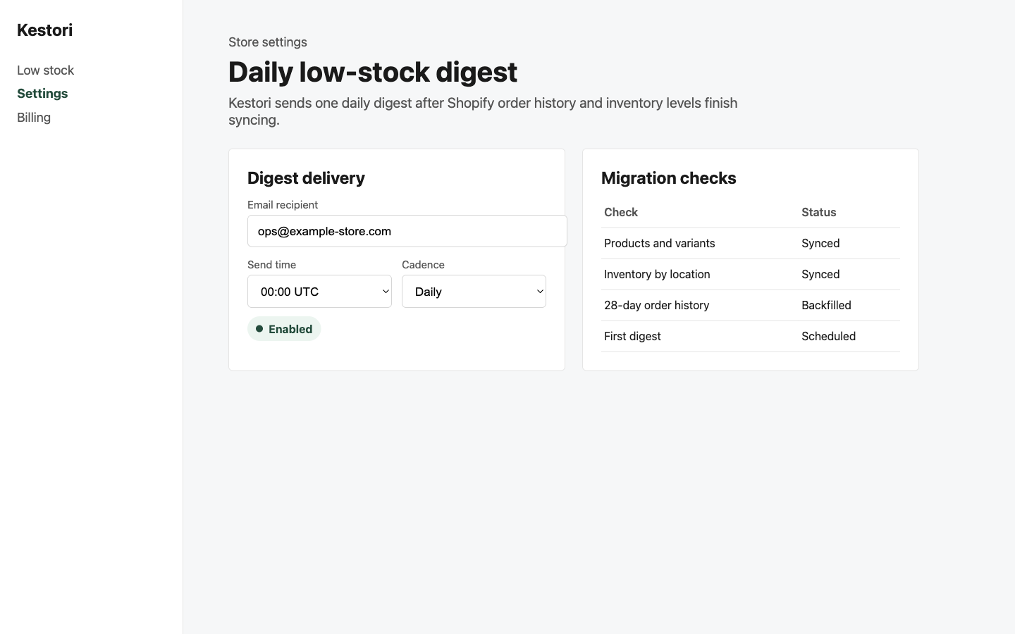 Kestori daily low-stock digest settings after installation