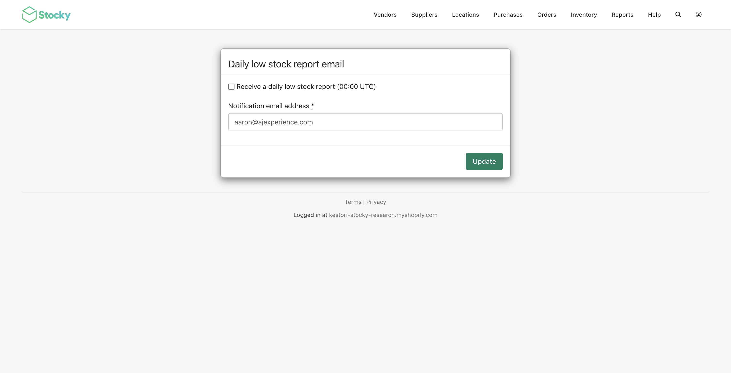 Stocky daily low-stock email settings before migration